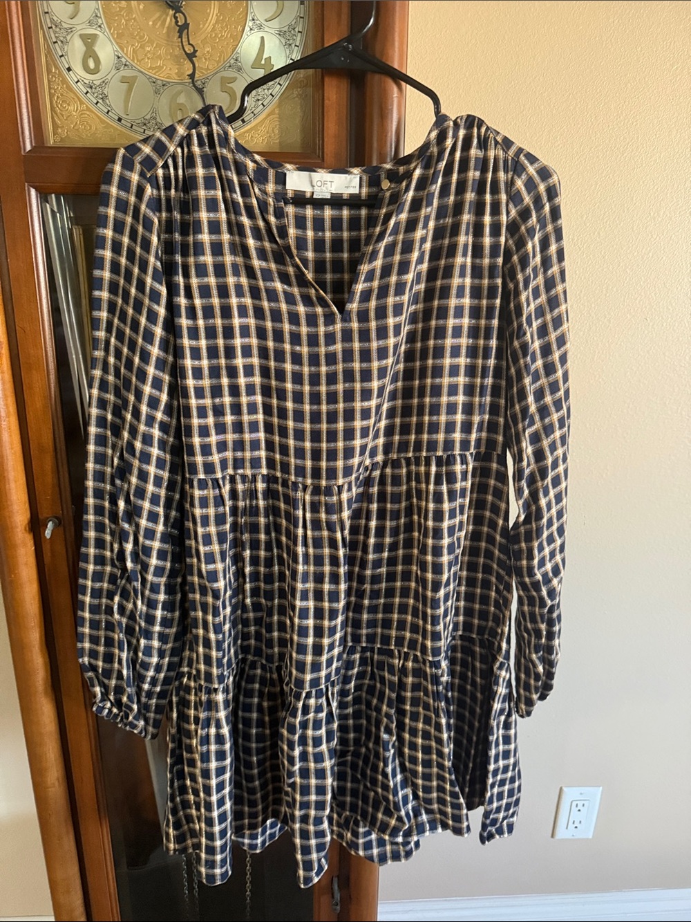 LOFT Navy and Beige Plaid Tiered Long-Sleeve Dress
